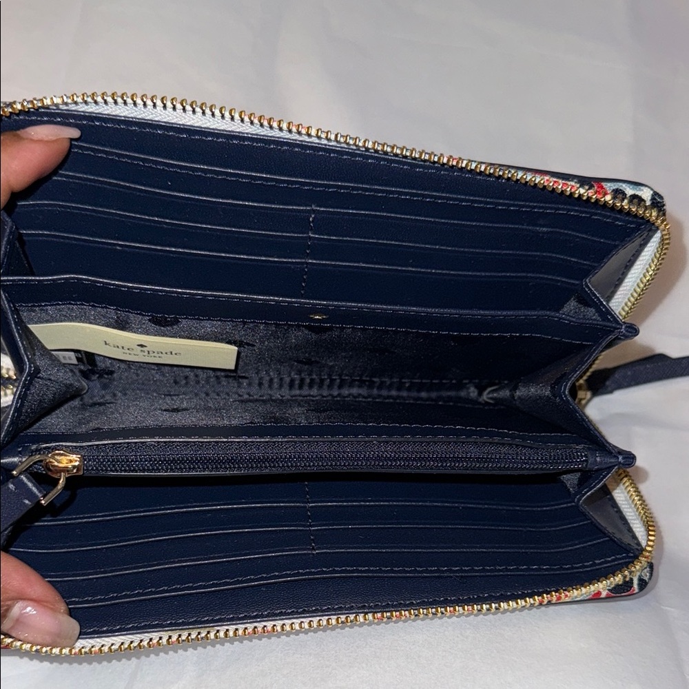 NWOT-Kate Spade Navy Blue Wallet with Flower Print Around Zipper - Picture 11 of 16